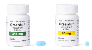 ORSERDU™ (elacestrant) medication bottle and actual size pill